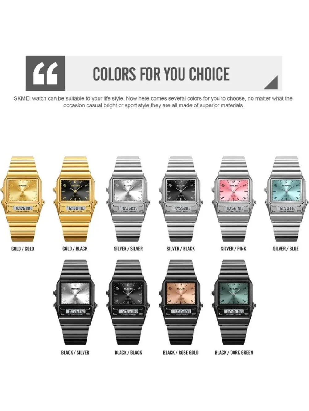 Unisex Silver Blue Digital Analog Retro Square Stainless Steel Stopwatch Watches